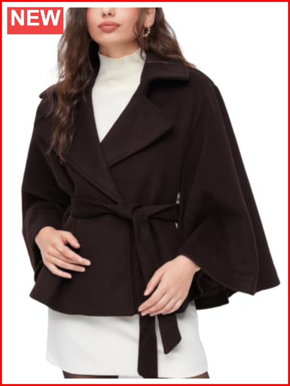 Wool Blend Cape Pea Coat with Self-Tie Belt, Oversized Collar